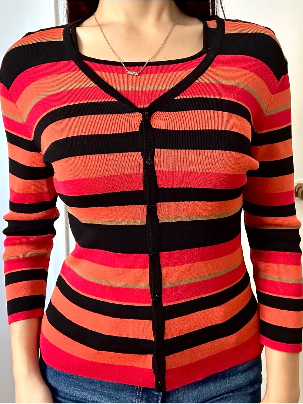 Papell Studio Matching Set Cardigan + Tank Top Black and Orange | Size Small